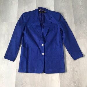 CLASSIQUE ROYAL BLUE BLAZER JACKET LINEN BUTTON CAREER WOMENS XS